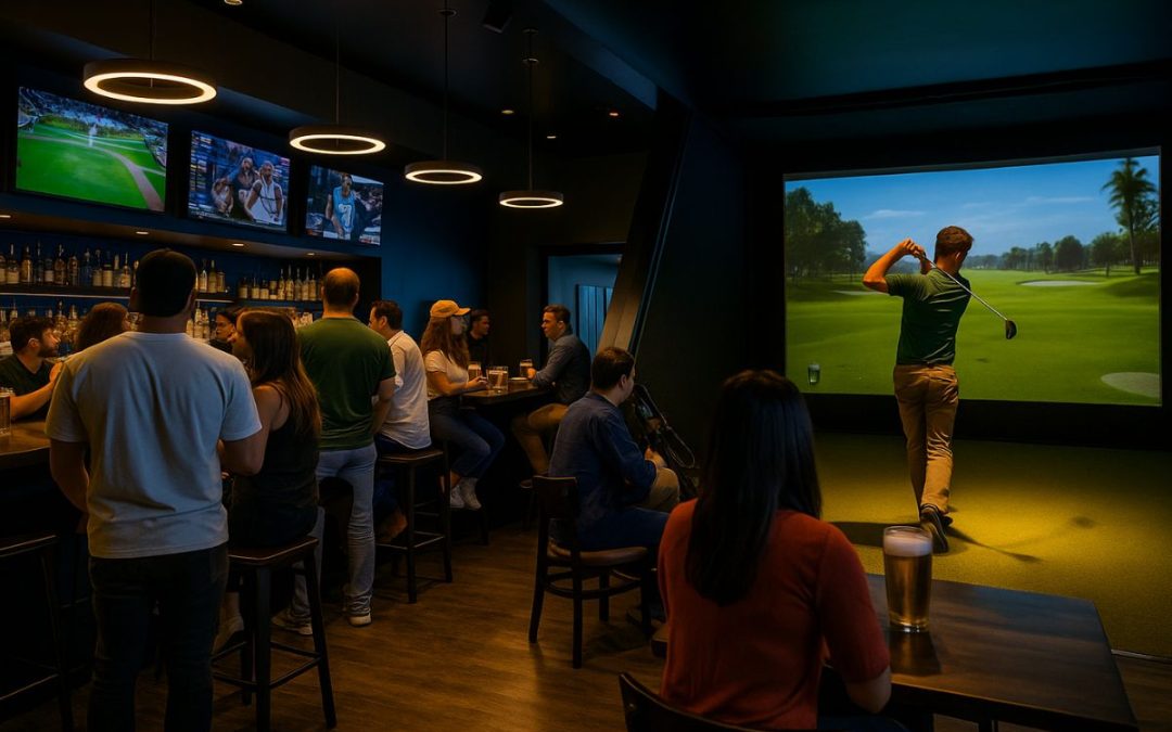 People enjoying Fore Swing Lounge San Antonio with indoor golf simulator and sports bar screens.