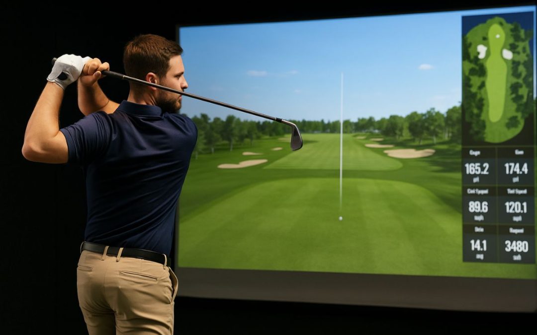 Man playing golf in an indoor simulator, analyzing swing metrics on a digital screen.
