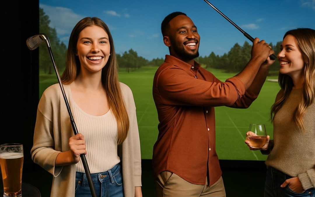 People socializing and playing golf in a modern indoor golf lounge with simulators at Fore! Swing Lounge.